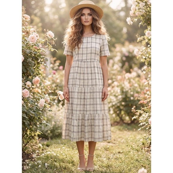 tea n rose Dresses & Skirts - Tea n Rose Plaid Dress Womens Medium Cream Cottagecore Boho Minimalist Academia